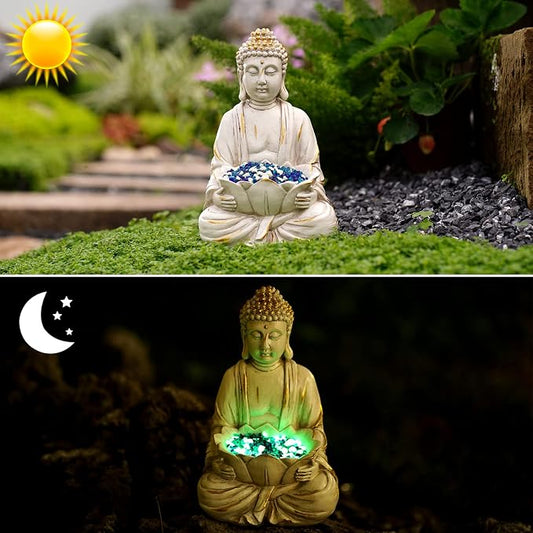 Goodeco Meditating Buddha Statue Sculpture - Outdoor Sitting Sculpture Decoration, Marble Finish with Lotus and Magical Glow in The Dark Pebbles and Glass Stones,Gift idea,White Color (12 inch)