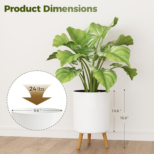 Bamworld Self Watering Pots for Indoor Plants with Water Level Indicator 10 inch Plant Pot Plastic Planter with Wooden Stand for Outdoor Plants Modern Décor for Porch Patio White Medium
