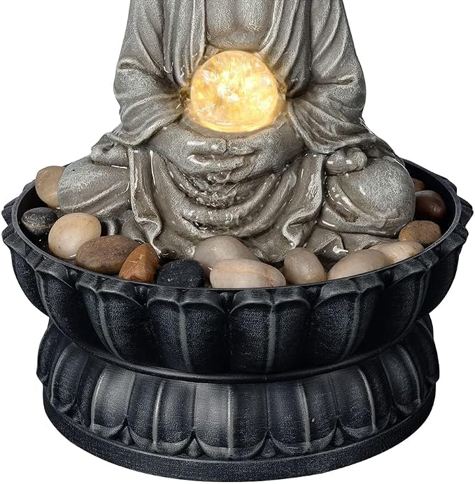 Kalona Tabletop Buddha Waterfall Fountain, Meditating Buddha Zen Fountain with LED Glass Orb, Relaxing Desk Water Feature for Home Office Decor(21127B)
