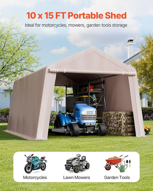 VEVOR 10 x 15 ft Outdoor Storage Shed Tent with Heavy-Duty Steel Frame, 2 Roll-Up Doors & Air Vents, Waterproof Portable Garage Carport Shelter for Motorcycle, Lawn Mower, Garden Tools, Beige