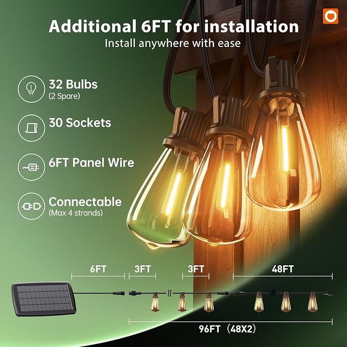 addlon 102FT(96+6) Solar String Lights Outdoor with Remote, Waterproof Patio Lights with 30 Shatterproof LED Bulbs, 30H+ Long-Lasting Dimmable & Timable Solar Light for Backyard Camping Garden Decor