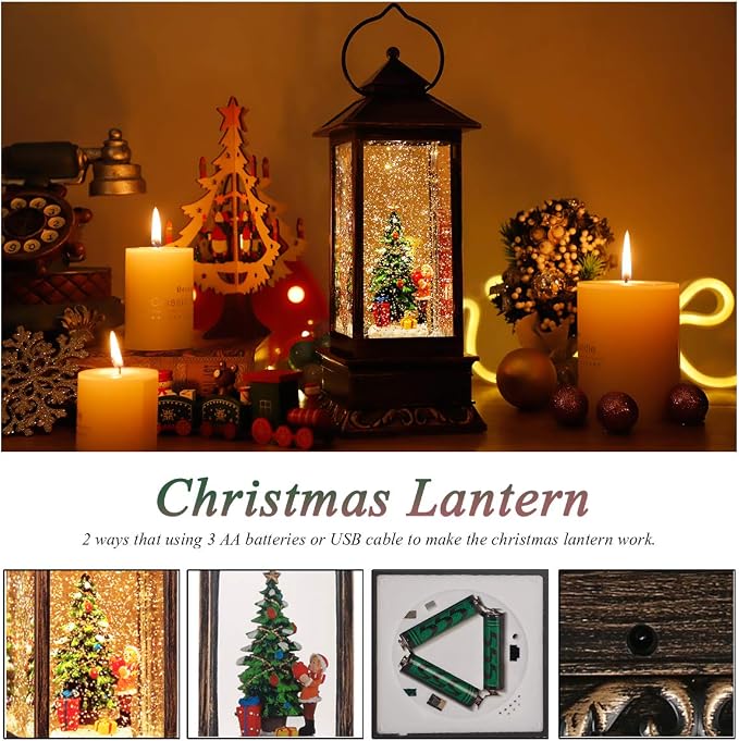 Christmas Snow Globe Lantern-Spark with Music Vintage Home Holiday Decor | Vintage Crystal Snow Lamp With Music And Sparkling Snow Scenery, 6h Timer; Indoor Christmas Tree Shaped Holiday Decorations