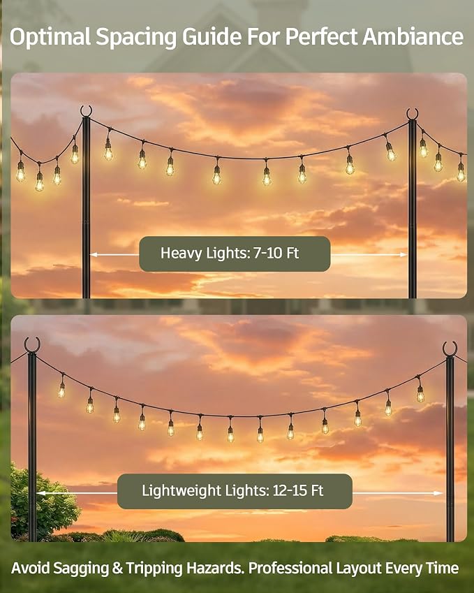 LAND·VOI String Light Poles 2 Pack, Heavy Duty Outdoor Light Poles with Upgraded 5‑Prong Base, Anti‑Bending Stable Design for Backyard Patio Garden Wedding Party Decoration