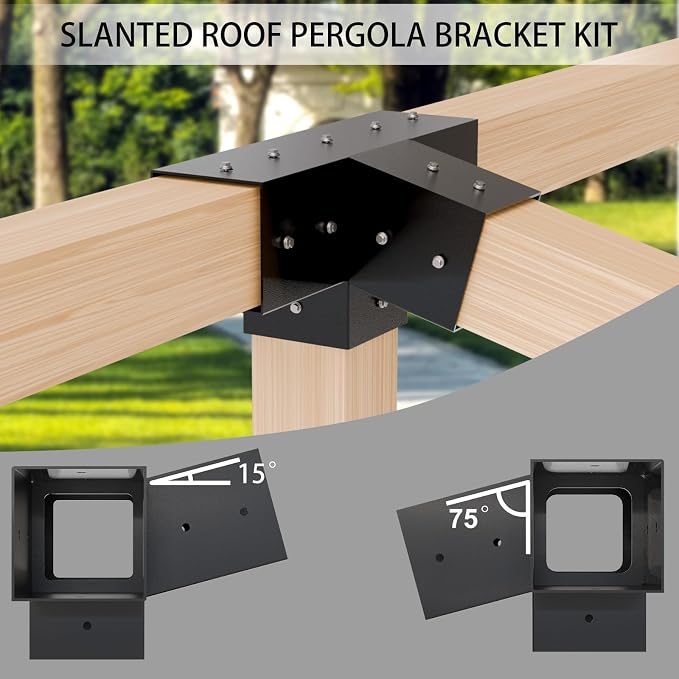 Pergola Kit, Slanted Roof Pergola Bracket, 4-Way Brackets with Post Base Kit, Log Cabin Outdoor 4"x 4" (Actual 3.5" X 3.5") Lumber