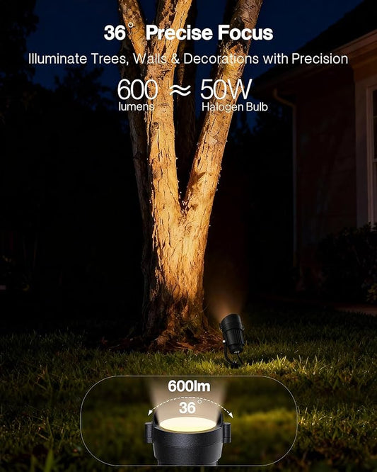 HIBOITEC 12W Plug in Outdoor Spotlights 6 Packs, 36° COB LED Spot Light Waterproof, ET; Listed 2900K Landscape Lights with Aluminum Stake for Yard Driveway Garden House Facade