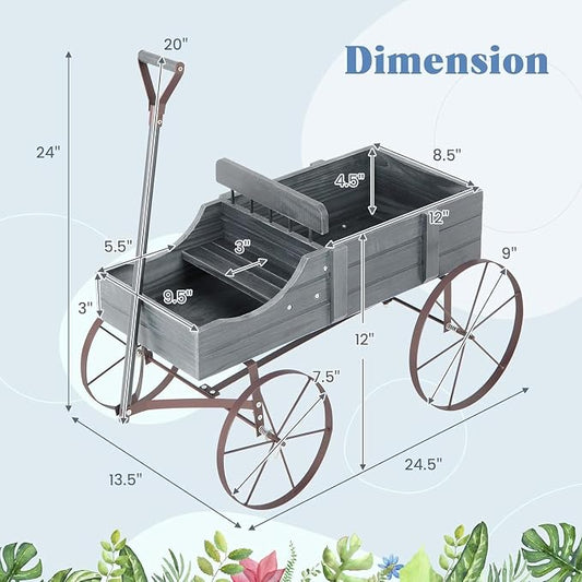 Wooden Wagon Planter, Decorative Flower Pots w/ 2 Planting Sections, Wheels & Handle, Rustic Farmhouse Garden Planter Box for Patio, Yard, Porch (Grey)