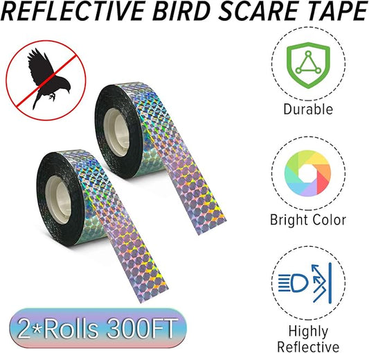MP mypole Bird Scare Tape Ribbon, 2 * 300 Foot Reflective Tape Ribbon for Birds Woodpecker Scare Reflective Flash Tape Scare Birds Away for Outdoor, House, Garden, Patio, Orchard
