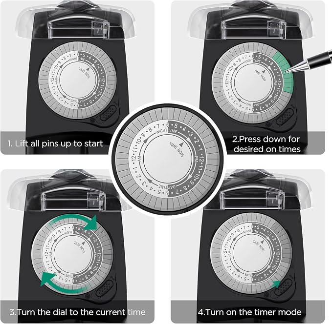 G-Homa 24 Hour Mechanical Outdoor Timer Outlet, Outdoor Timer for Lights, Waterproof, 2 Grounded Outlets, 15A 1/2HP, Heavy Duty, ETL Listed