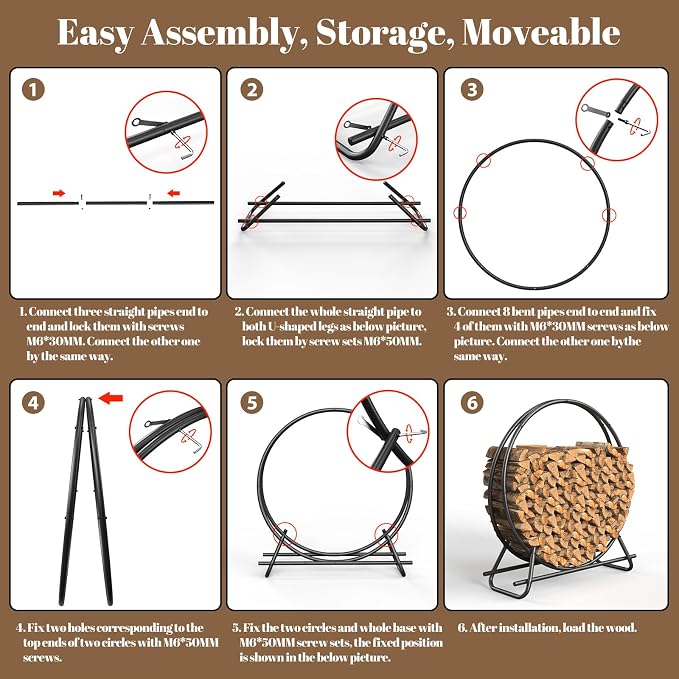 40 IN Firewood Circle Rack-Metal Pipe Ring Firewood Holder Outdoor / Indoor | Sturdy & Durable,Aesthetic Appearance and Space-Saving Design for Fireplace,Campfire or Backyard Storage,3.3FT Diameter