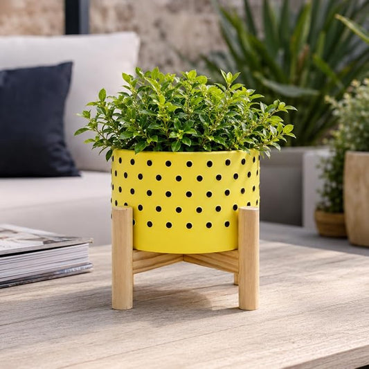 Ceramic Planter Pot with Wooden Stand – Indoor Outdoor Plant Holder with Black Polka-Dot Pattern, Decorative Pot Stand for Living Room, Entryway, Bedroom, Patio or Garden Décor – 6", Yellow