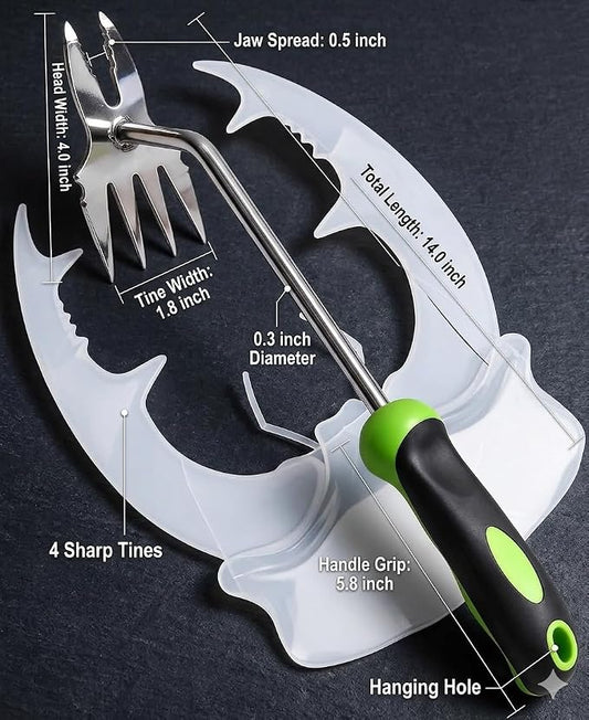 2-in-1 Stainless Steel Hand Weeder, Ergonomic Gardening Tool for Creeping Weeds & Narrow Spaces, Rust-Proof with Four-Tooth Cultivator & Forked Tip (Green)