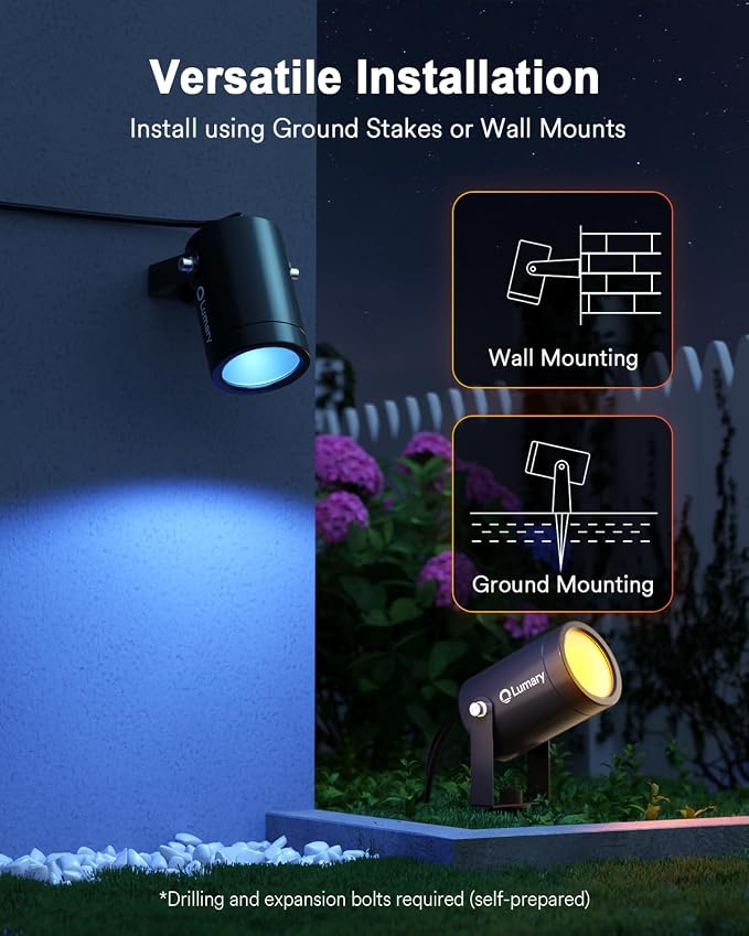 Lumary Smart Landscape Lights Pro 500LM, 6 Pack Color Changing Landscape Spotlights IP65 Waterproof, RGBAICW Low Voltage Outdoor Lights for Garden Yard and Pathway, APP/Remote/Voice Control, 65FT | RGBAICW color changing, 2200K-6500K white, IP65 outdoo...