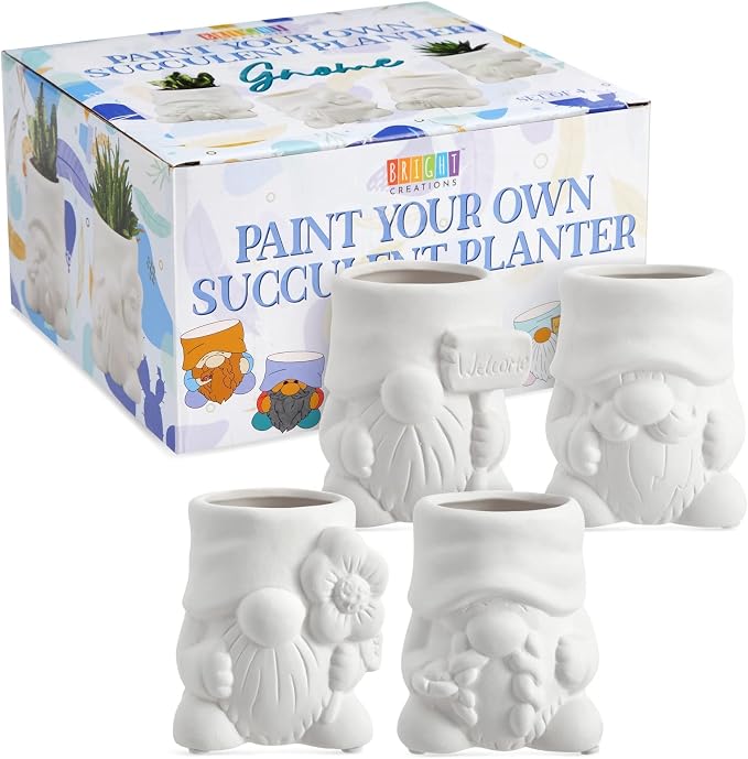 Bright Creations Paintable Ceramic Garden Gnome Planters - 3 x 3 x 4 in, White, Pack of 4, Unfinished - Succulent Pots to Paint with Drainage Holes & Plugs - DIY Pottery Kit