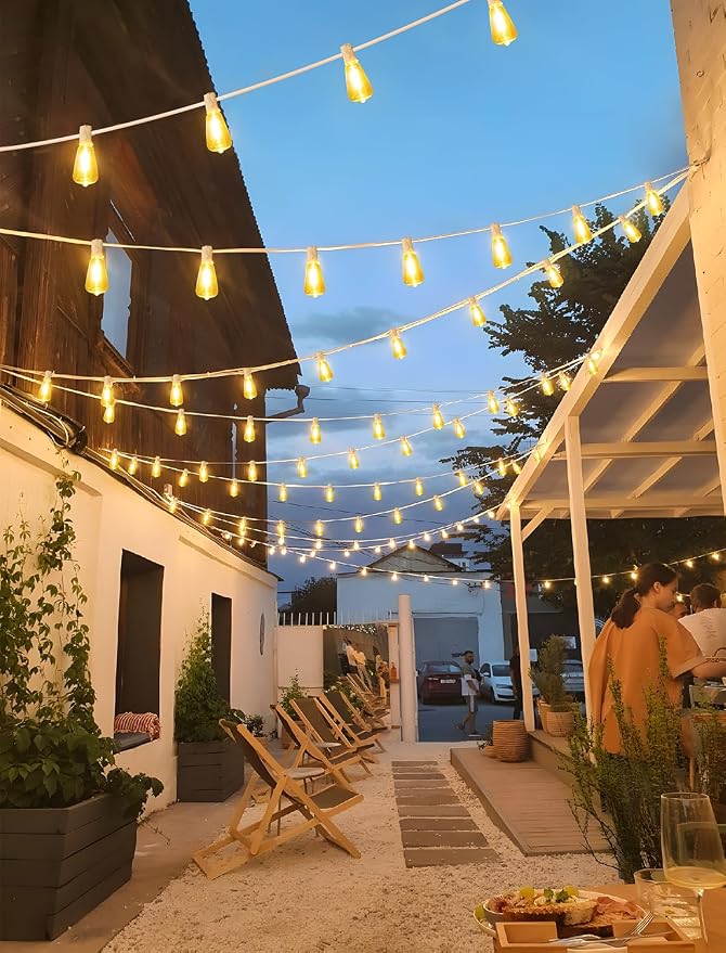 Larkvue 48FT Solar Outdoor String Lights with Remote & Timer, Shatterproof Dimmable 3 Modes Patio Lights with 15+1 ST38 LED Bulbs for Backyard-White