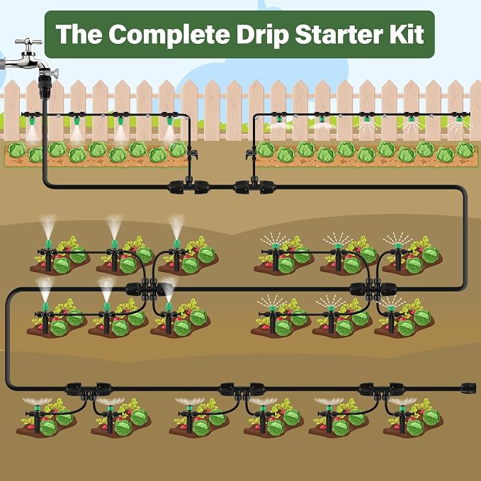 Kalolary 133FT Quick-Connect Drip Irrigation System Kit, Automatic Garden Watering System with 1/4" & 1/2" Tubing,Push-to-Fit Fittings & Adjustable Drip Emitters for Raised Garden Beds Greenhouse Lawn