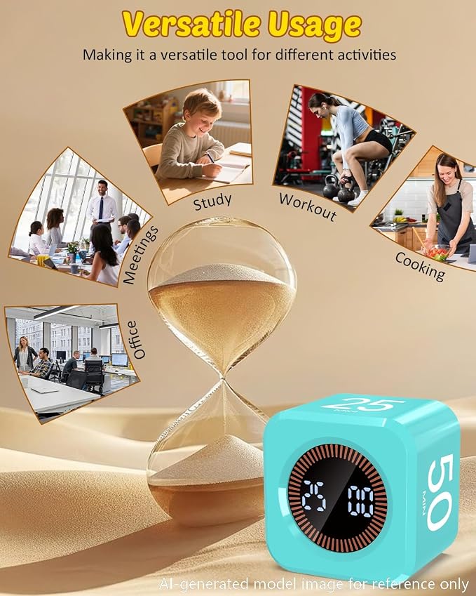 Digital Pomodoro Timer Cube 5/10/25/50min, Visual Productivity Flip Timer for Kids Classroom Desk, Custom Countdown, Silent and Sound Mode for ADHD Study Work Game Kitchen (Mint Green)