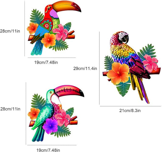 Meduofon 3 Pack Metal Birds Wall Art Decor, Beautiful Parrot Toucan Outdoor Wall Decor for Patio Wall Fence Deck Garden Home Balcony Tropical Bird Macaw Wall Sculpture Hanging for Indoor Outdoor