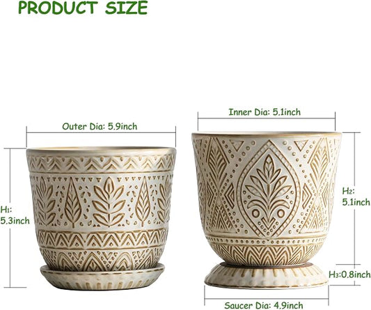 Gepege 6 Inch Ceramic Planter, White Plant Pot with Drainage Holes and Saucers for Indoor Plants, Birthday for Women Mom