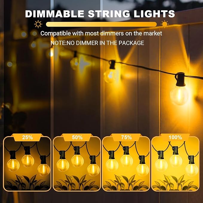 LAMPHOME 2PACK Yellow Outdoor String Lights, 26FT 13 G40 Gold Shatterproof Patio Lights, IP65 Waterproof Dimmable Connectable Globe LED Hanging Lights for Backyard, Bistro, Porch, Deck, Balcony