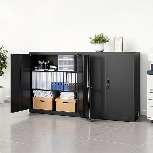VEVOR Metal Storage Cabinet, 41.7 in Steel Garage Cabinet with 2 Adjustable Shelves, 2 Magnetic Doors & 2 Keys, 3 Tiers Lockable Tool Storage for Pantry, Warehouse, Basement, Office, Black