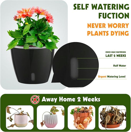 Self-Watering Pots for Indoor Plants, 6-Pack 6.7'' Self Watering Planter with Drainage Holes, Small African Violet Pots with Water Indicator, Clear Wick Pot, Black