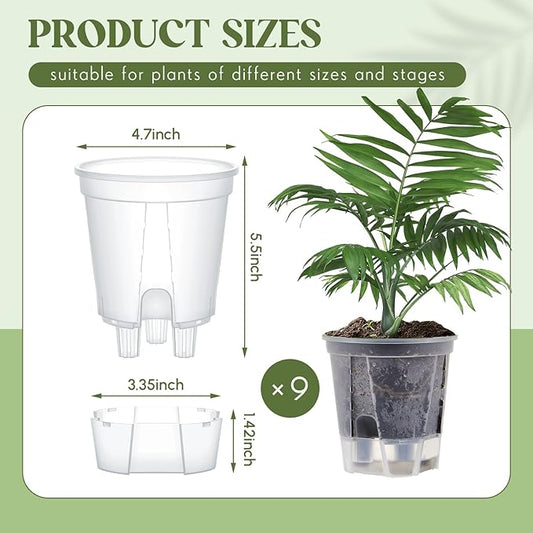 Wonderjune Self Watering Pots for Indoor Plants with Deep Reservoir and High Drainage Holes for Outdoor Plants and Flowers, Bare Root Planter(4.72'',Clear,9 Pcs)