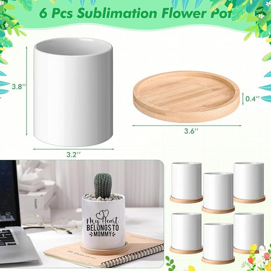 Teenyyou 6 Pcs Sublimation Flower Pot Blanks Mini 3.2 in Garden Ceramic Succulent Planter Pot with Bamboo Tray with Drainage Hole Thank You Gifts for Employee Appreciation Plant Lover