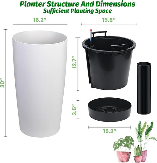 Garvee Tall Planters for Outdoor Plants, 30 in Large Planters Set of 2, Outdoor & Indoor Planters with Water Level Monitor & Inner Bucket, Automatic Watering, for Porch, Patio, Backyard, White
