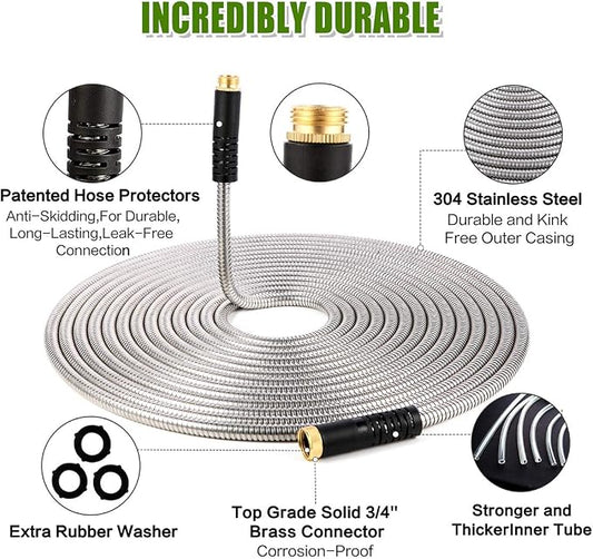 Flexible Metal Garden Hose 75ft-Heavy Duty Water Hose with Durable 304 Stainless Steel and 10 Way Spray Nozzle-Strong 3/4'' Solid Brass Fittings-Outdoor Yard No Kink Lightweight Long Hose Pipe