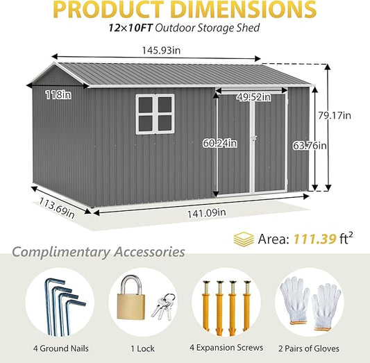 PVWIIK 12x10 FT Metal Outdoor Storage Shed with Floor Frame, Heavy Duty Waterproof Steel Garden Tool Shed with Lockable Doors, Utility Storage Building for Backyard Patio Lawn Garden, Grey
