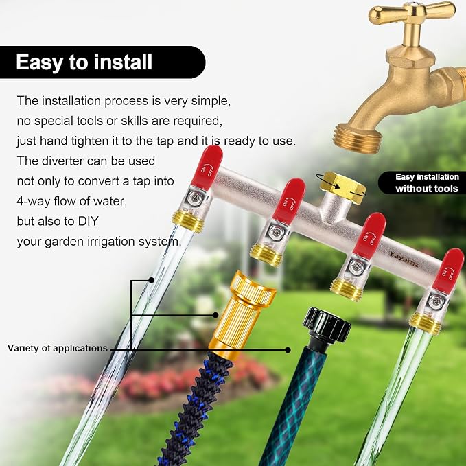 4 Way Garden Hose Splitter, Heavy Duty Brass Nickel Plated Rust Resistant Faucet Manifold, 3/4" Frost Resistant Outdoor Hose Adapter Connector,Hose Spigot Adapter with 4 large red handles