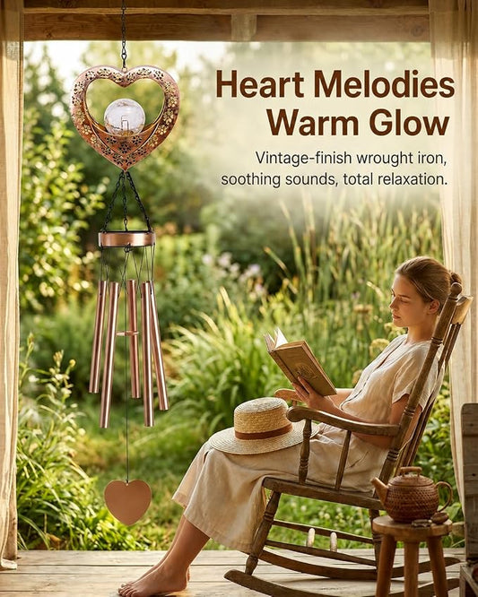 Nacome Solar Heart Wind Chimes for Outside: Weatherproof Metal Outdoor Decor Easy Hanging for Garden Patio Tree Window - Melodious Mother's Day Birthday Gifts for Mom Women Mom Grandma Her Wife