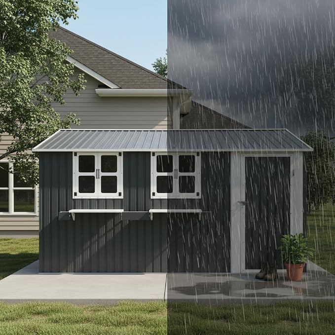 KEIKI 12x10 FT Outdoor Metal Storage Shed with 3 Clear Windows, Lockable Single Door Heavy Duty Steel Tool Shed Bike Storage Rainproof Rust Resistant Windproof for Backyard Patio, Coal Gray