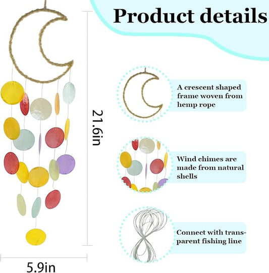 Wind Chimes Making Supplies Kits for Adults Arts and Crafts-DIY Wind Chime Parts with Metal Hoops Moon Shaped Round Capiz Shells Fishing Line Twine String Ribbon,Gifts for Women(Colorful)