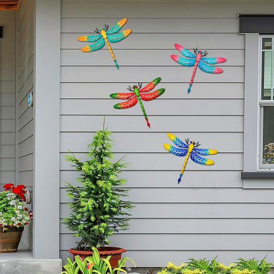 Metal Dragonfly Wall Decor, 4 Pack 13 inch Metal Dragonflies Wall Hanging Sculpture Decorations for Outdoor, Yard Patio Fence Garden Outside Decor