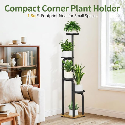 LASZOLA 5 Tiered Plant Stand Tall for Indoor Corner, Modern Multiple Flower Display Rack with Metal Tray, Vertical Planter Shelf for Living Room Bedroom Patio Garden Balcony, Black