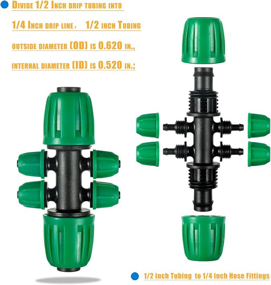 10 Pcs 1/2 to 1/4 inch Garden Hose Tubing Irrigation Fittings,6-Way Anti-Leak 1/2'' to 1/4'' Locked Barbed Drip Irrigation Tee Connectors (1/2"IDx0.6-0.63"OD) 1/2'' to 1/4'' Irrigation Tubing Fitting