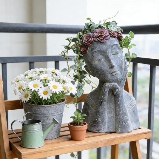 Newman House Studio Succulents Face Planters Pots Head - Flower Pot with Drainage Hole Face Head Large Garden Farmhouse Decor 9.4 x 7.2 x 13.9 inch
