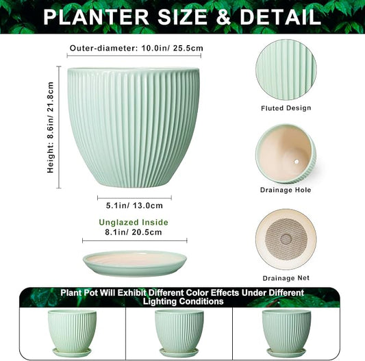 10 Inch Planter Indoor, Ceramic Pots for Plants Indoor, Decorative Plant Pots with Drainage Hole and Saucer, Large Modern Planter, Round Flower Pot, Floor Decor, Women Men Gifts, Mint Green