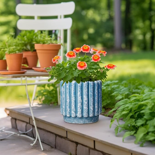 Ceramicfor Ceramic Planter, 9.6 Inch, Blue | Drainage Hole, Fluted Decorative Round, Indoor & Outdoor Plants, Front Door Decor, Housewarming Gifts