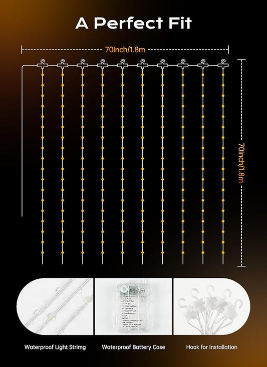 Brightown 180 LED Shower Curtain Lights, 70 Inch Warm White IP65 Waterproof Fairy Lights Battery Operated String Lights, 8 Modes Waterproof Christmas Lights for Indoor Outdoor Decor(No Curtain)
