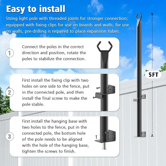 AHRLHR 10 Pack String Light Poles for Deck,5 Ft String Light Poles for Outside with Fixing Clips,Metal Poles for Outdoor String Lights, Hanging Light Poles for Fence Garden Backyard Wall Bistro