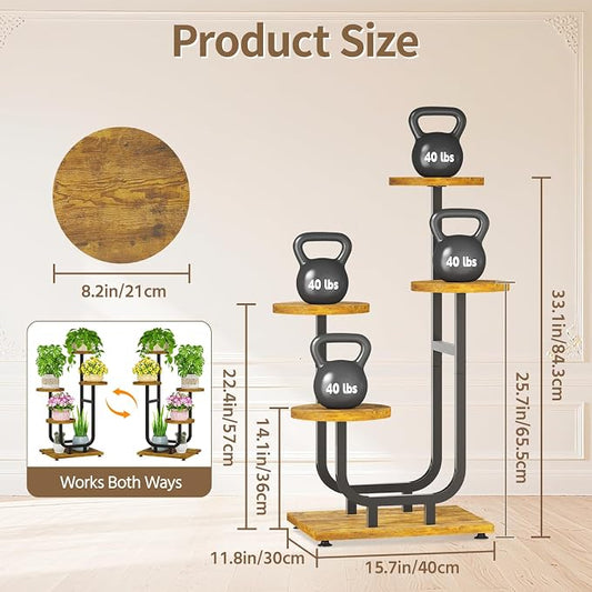 LASZOLA Black 4 Tier Tall Metal and Wood Plant Stand Indoor, Large Heavy Duty Planter Holder Rack for Vertical Corner, Sturdy Iron Spiral Multiple High Flower Organizer for Rustic Patio House Bathroom
