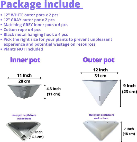 LaLaGreen Wall Planter (12in, 4 Pack) Large Indoor Self Watering Flower Pot | White and Gray Mixed Color Geometric Vertical Garden Plant Wall Hanging Vase Vessel with Black Metal Hanger Modern Stylish