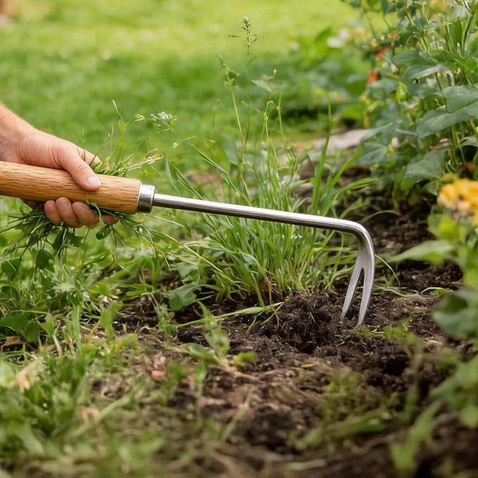 2 Pack Double Claw Root Hook Weeding Tool with Wooden Handle, Hand Weeder Tool for Garden Weed Removal, Manual Weed Puller for Deep Roots & Dandelions, Bonus Stainless Steel Single Claw Root Hook