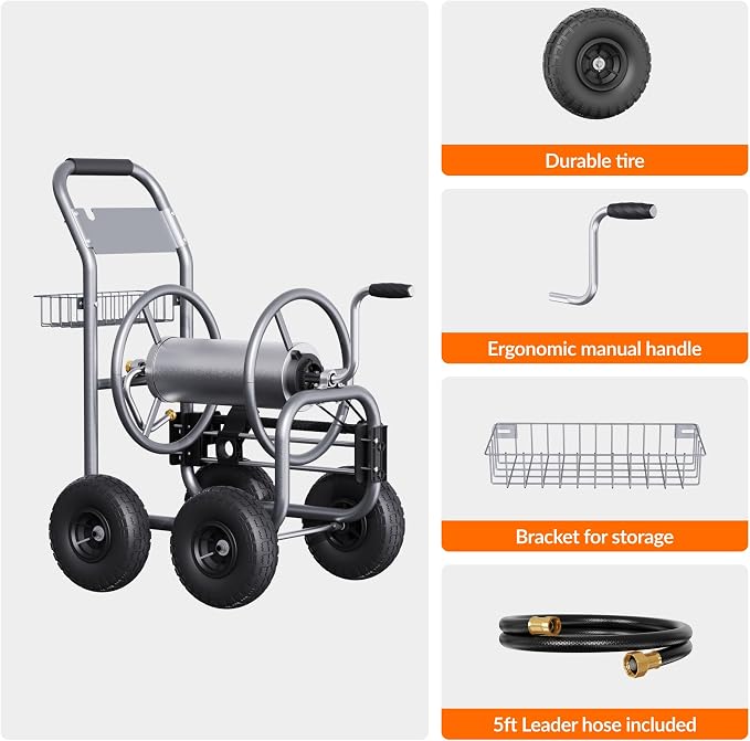 Giraffe Tools Heavy Duty Garden Hose Reel Cart with Wheels - Industrial Outdoor Hose Storage Reel, Pre-Installed Guide for 250-Feet of 5/8" Hose Capacity