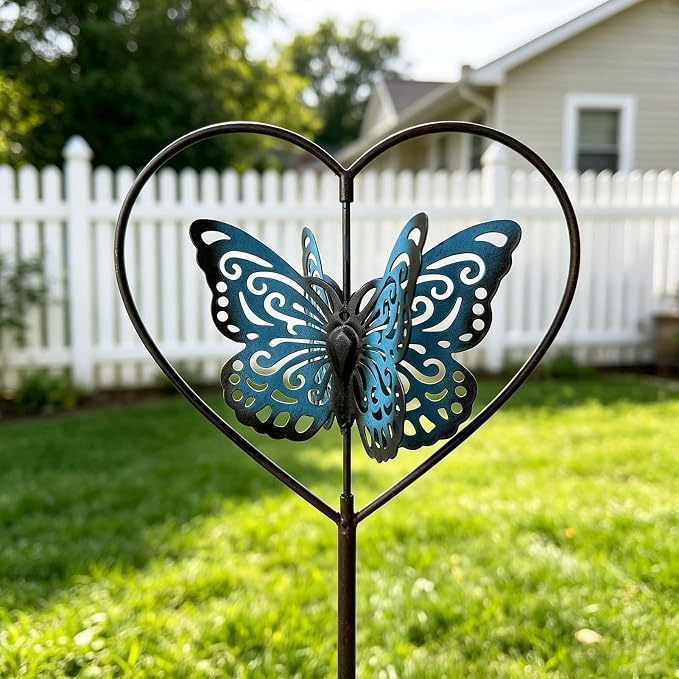 Decorative garden stakes,rotating butterfly garden stake,cemetery decor | vintage blue metal garden decor;perfect for flower pots, outdoor gardens, lawns and garden decor for outside