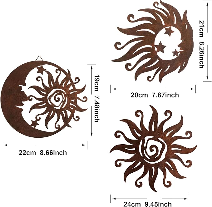 Limygus Set of 3 Rust Colored Sun Moon Metal Wall Art, Rust Proof Indoor Outdoor Farmhouse Patio Bedroom Decor