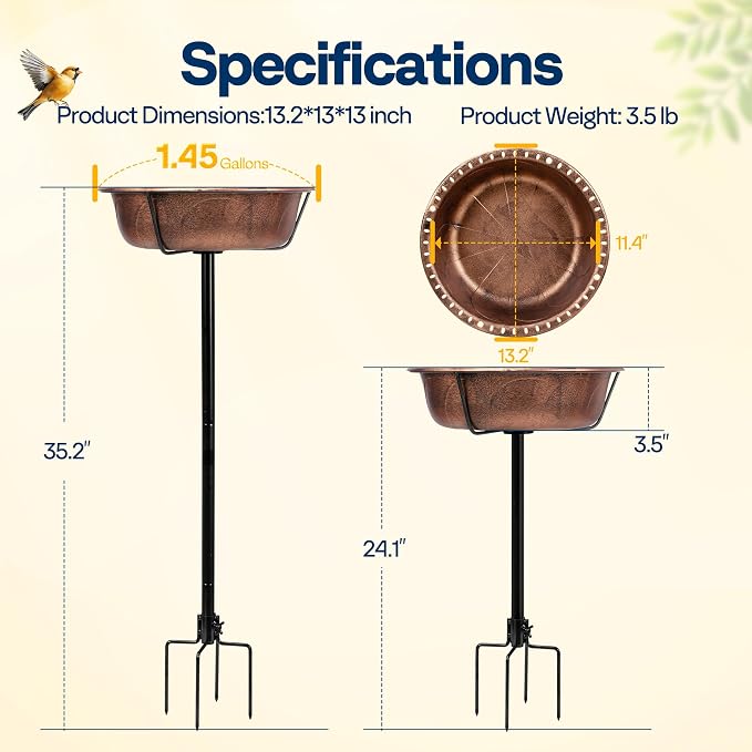 VIVOHOME Bird Bath for Outside, Outdoor 13'' Birdbath Bowl with Metal Ground Stake, Weather-Resistant ABS Bird Bath and Feeder for Garden, 1.45 Gallons, Bronze