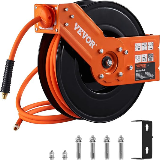 VEVOR Retractable Air Hose Reel, 3/8 IN x 50 FT Hybrid Air Hose Max 300PSI, Air Compressor Hose Reel with 5 ft Lead in, Ceiling/Wall Mount Heavy Duty Double Arm Steel Reel and Milton S-314MKIT ColorFit Coupler & Plug Kit - (M-Style, Red) - 1/4" NPT, (1...